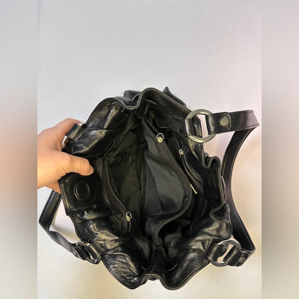 SOLD Alfani Black Leather Shoulder Bag Silver Rings Studded Grommet Hardware Y2K - Picture 3 of 7